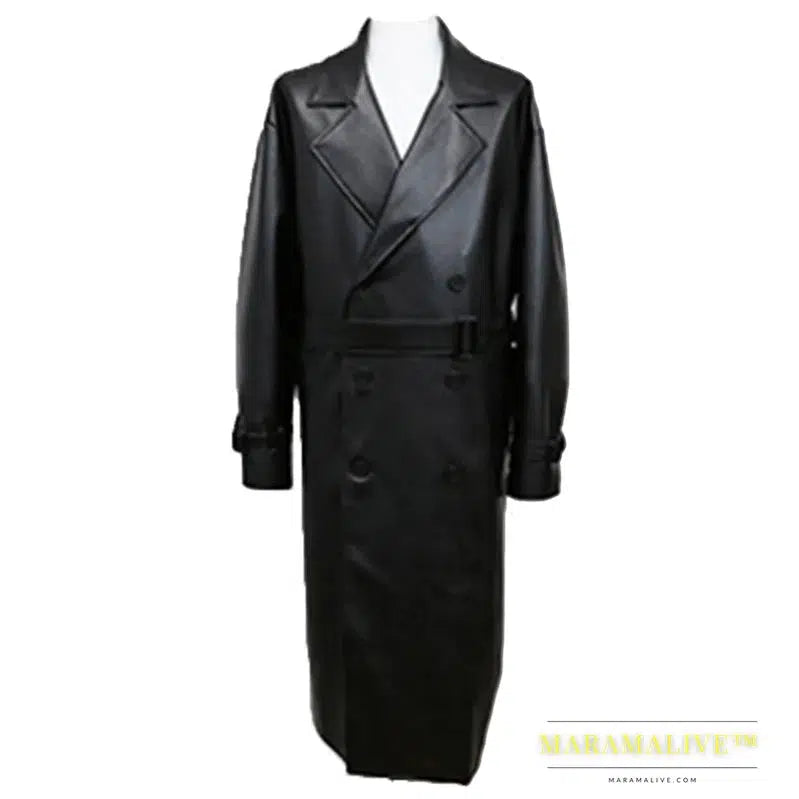 Long Black Oversized Faux Leather Trench Coat Men 2022 Drop Shoulder Belt Faux Leather Coats for Men