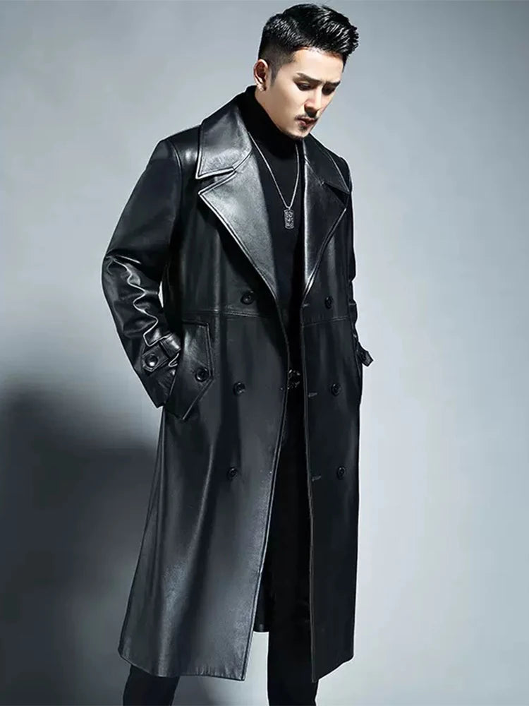 Long Cool Waterproof Black Pu Leather Trench Coat Men Double Breasted Plus Size Outerwear 4xl 5xl 2022