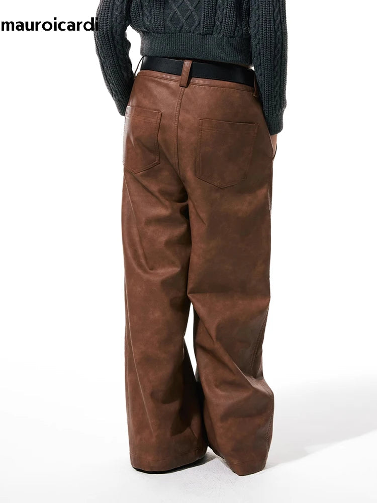 Long Loose Casual Brown Pu Leather Pants Men Wide Leg LUxury Designer Unisex Trousers Fashions 2023