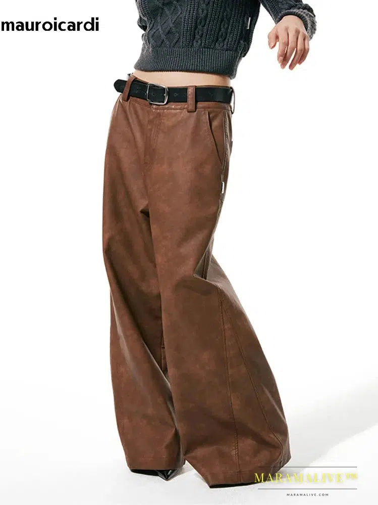 Long Loose Casual Brown Pu Leather Pants Men Wide Leg LUxury Designer Unisex Trousers Fashions 2023