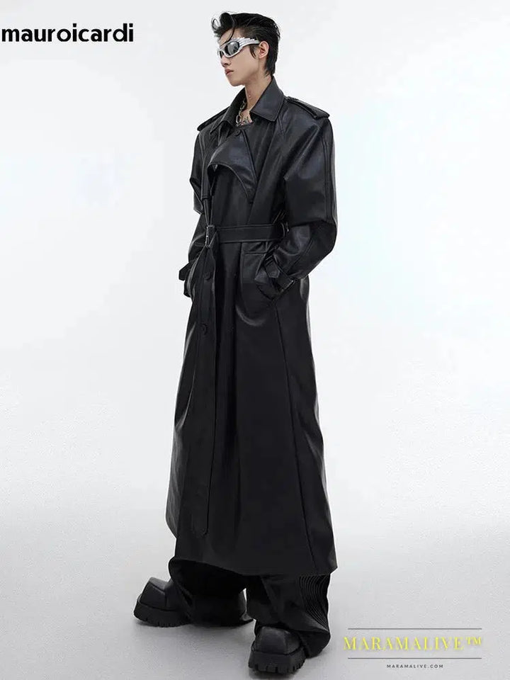 Long Oversized Black Brown Faux Leather Trench Coat Men Belt Double Breasted Luxury Designer Clothes 2023