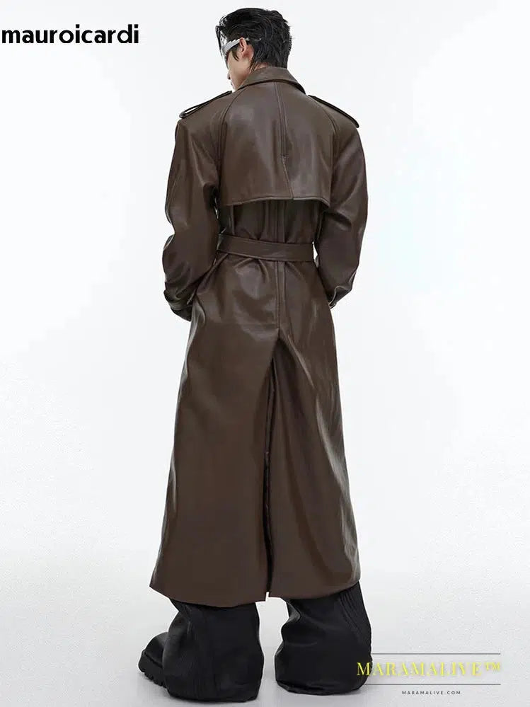 Long Oversized Black Brown Faux Leather Trench Coat Men Belt Double Breasted Luxury Designer Clothes 2023