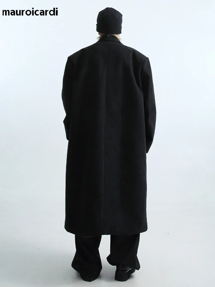 Long Oversized Warm Soft Black Trench Coat Men with Shoulder Pads Loose Casual Korean Fashion Overcoat