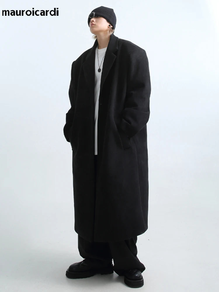 Long Oversized Warm Soft Black Trench Coat Men with Shoulder Pads Loose Casual Korean Fashion Overcoat