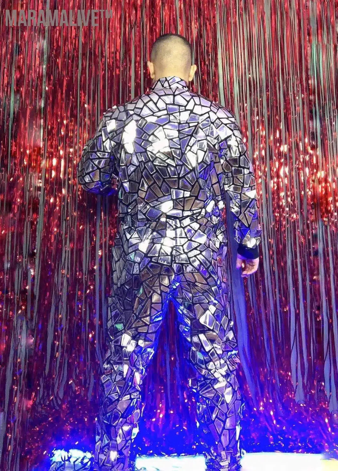 Long Sleeve Silver Sequins Loose Jumpsuit Male Singer Dancer Reflective Laser Costume Overalls Rock Hip Hop Performance Clothes