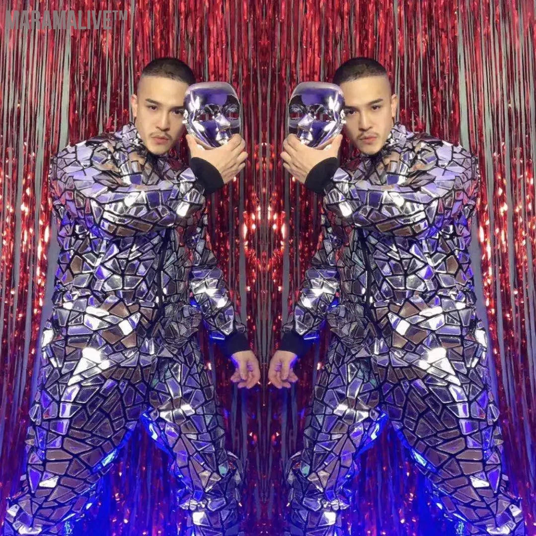 Long Sleeve Silver Sequins Loose Jumpsuit Male Singer Dancer Reflective Laser Costume Overalls Rock Hip Hop Performance Clothes