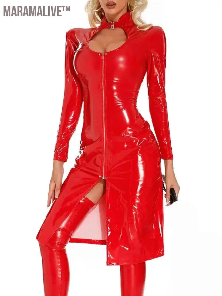 Long Sleeve Wet Look PVC Midi Dresses Hollow Out Bust Sexy Shiny PU Leather Hot Dress High Split Vestido Robe Cosplay Vestidos