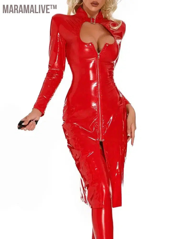 Long Sleeve Wet Look PVC Midi Dresses Hollow Out Bust Sexy Shiny PU Leather Hot Dress High Split Vestido Robe Cosplay Vestidos