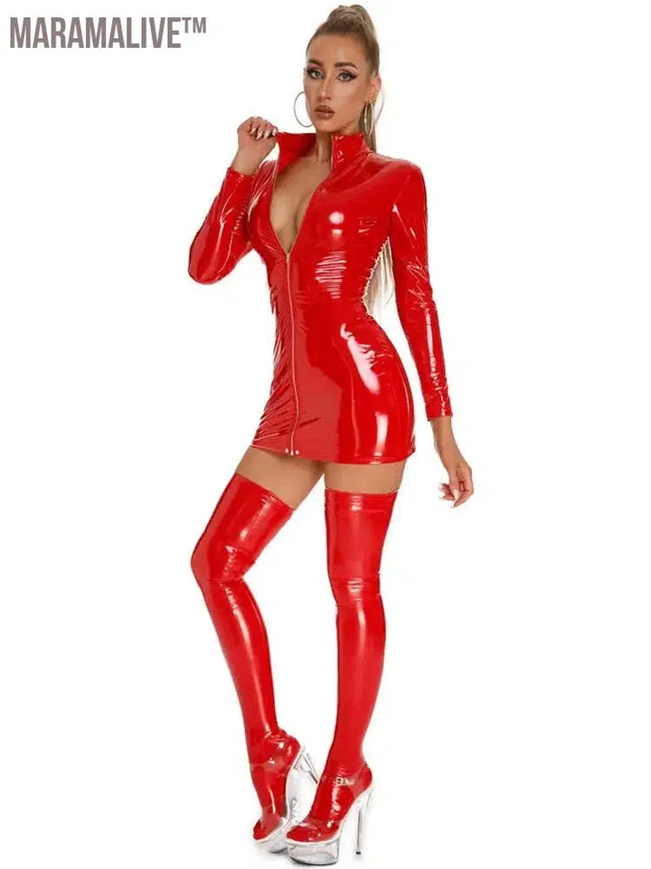 Long Sleeve Wet Look PVC Vestido Front Zipper Shiny PU Leather Hot Dress Tight Package Hip Minifalda Sexy Dresses Miniskirt Robe