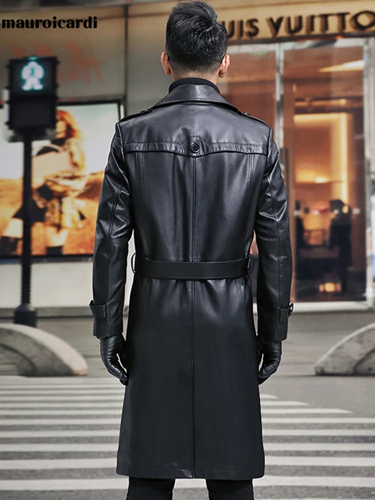 Long Smart Black Waterproof Leather Trench Coat Men Lapel belt Autumn Soft Faux Leather Blazer for Men 2023