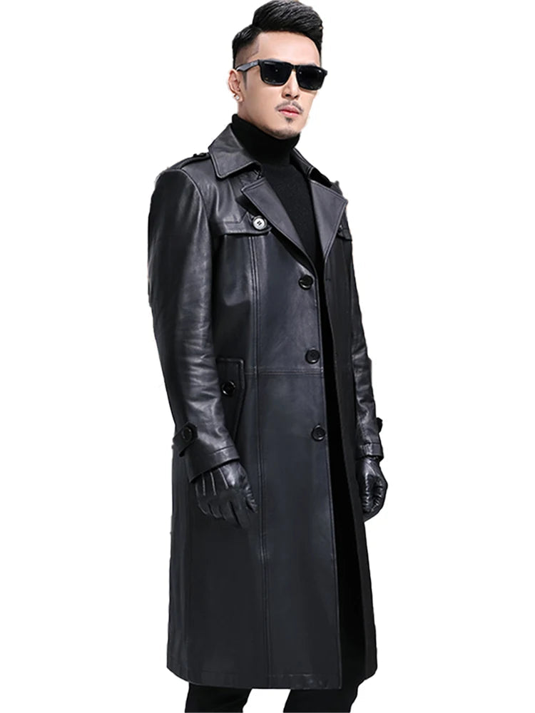 Long Smart Black Waterproof Leather Trench Coat Men Lapel belt Autumn Soft Faux Leather Blazer for Men 2023