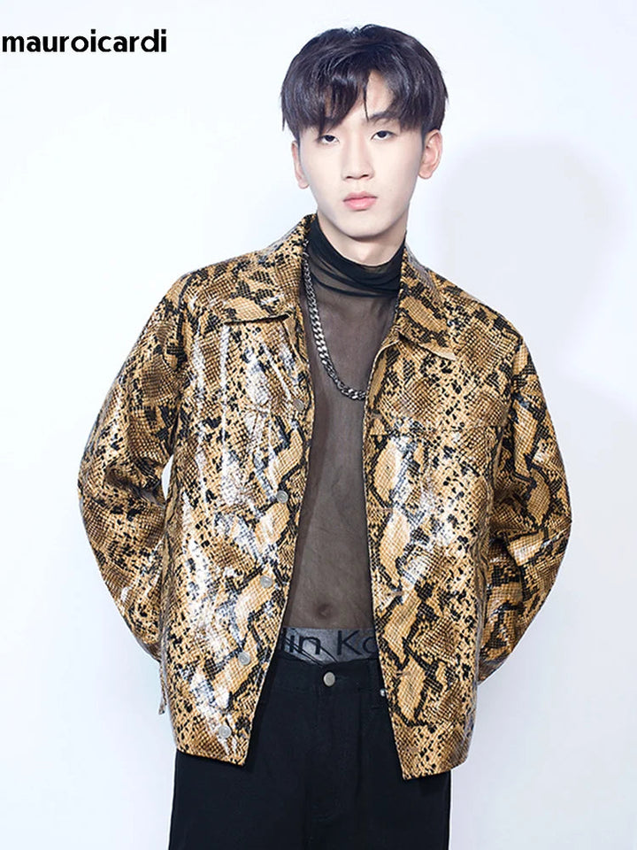 Loose Cool Shiny Colorful Snakeskin Print Pu Leather Jacket Men Luxury Designer Clothes Streeetwear