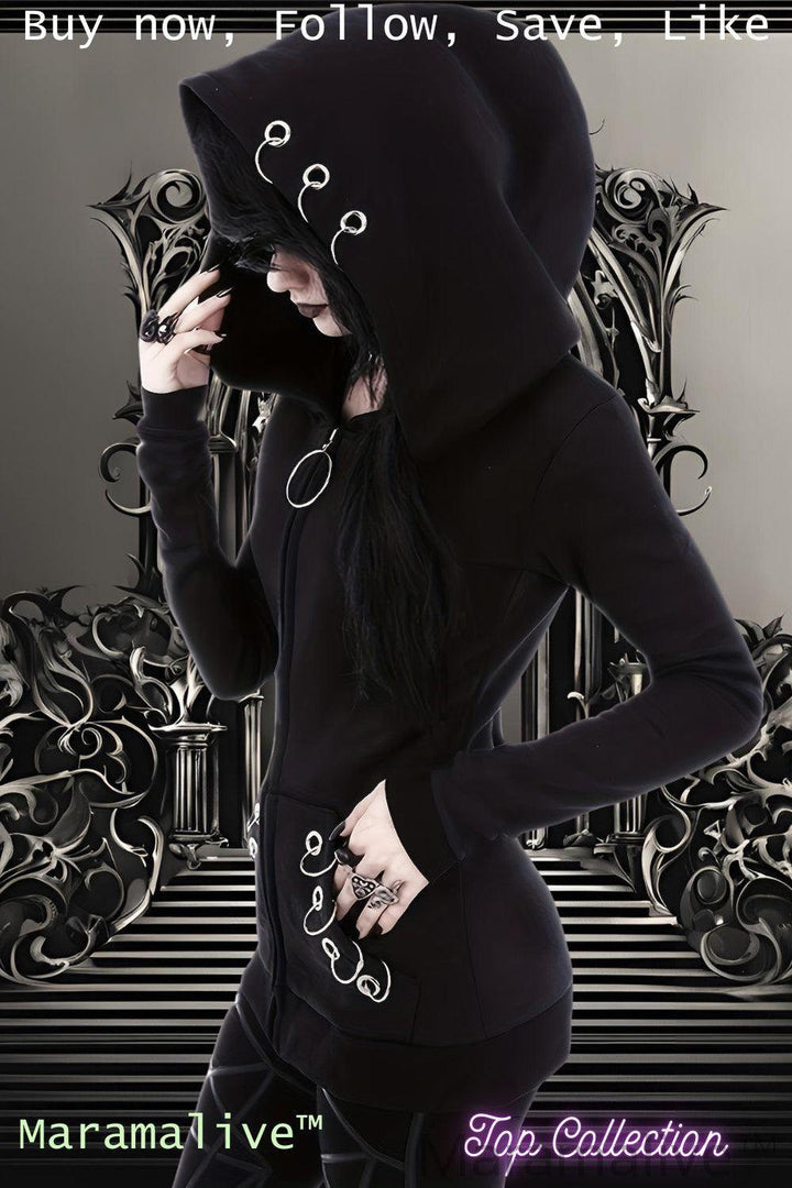 Loose Gothic Punk Long Sleeve Hooded Black Sweatshirt, Solid Fashion Hoodies Zipper Jacket, Women's Clothing