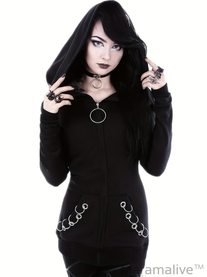 Loose Gothic Punk Long Sleeve Hooded Black Sweatshirt, Solid Fashion Hoodies Zipper Jacket, Women's Clothing