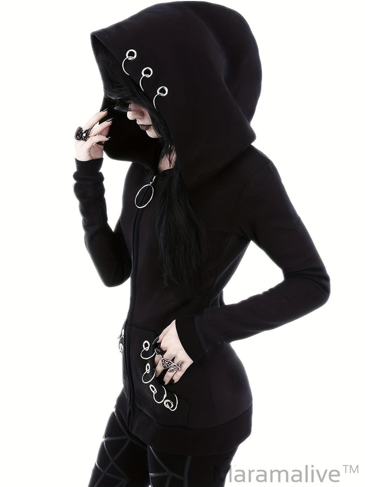 Loose Gothic Punk Long Sleeve Hooded Black Sweatshirt, Solid Fashion Hoodies Zipper Jacket, Women's Clothing