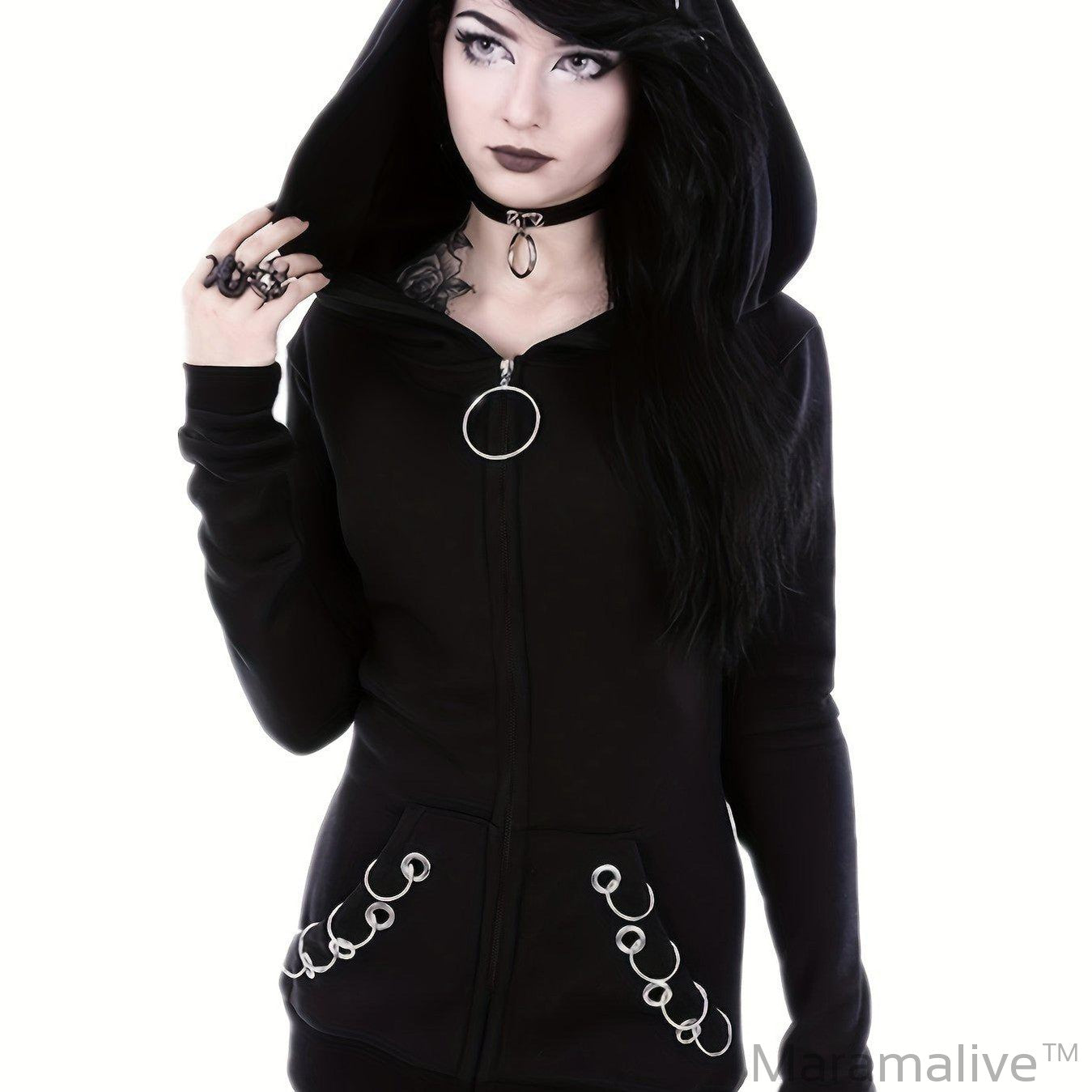 Loose Gothic Punk Long Sleeve Hooded Black Sweatshirt, Solid Fashion Hoodies Zipper Jacket, Women's Clothing