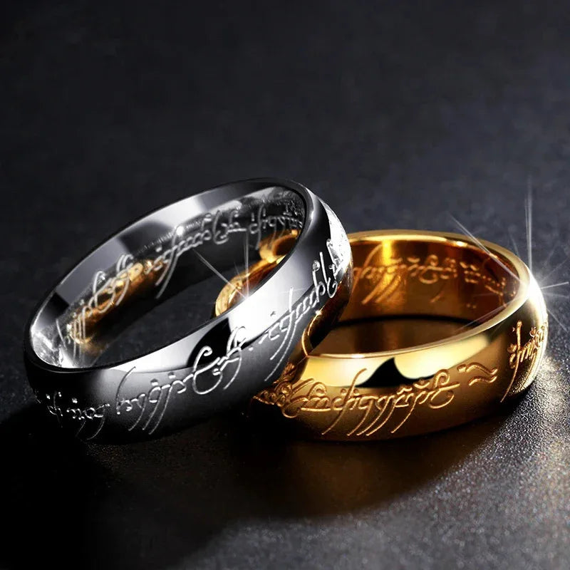 Lord of the Finger Rings Movie Engraved Stainless Steel Band - Unique Dark Jewelry with Spanish Sanskrit 3D Etching