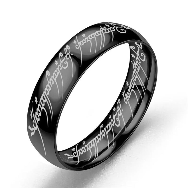 Lord of the Finger Rings Movie Engraved Stainless Steel Band - Unique Dark Jewelry with Spanish Sanskrit 3D Etching