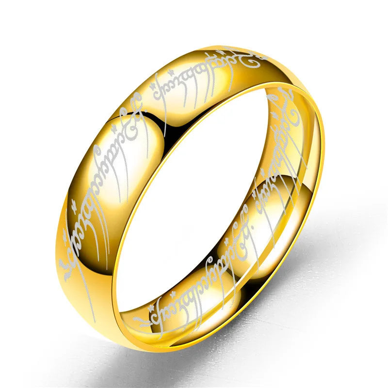 Lord of the Finger Rings Movie Engraved Stainless Steel Band - Unique Dark Jewelry with Spanish Sanskrit 3D Etching