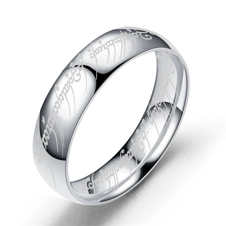 Lord of the Finger Rings Movie Engraved Stainless Steel Band - Unique Dark Jewelry with Spanish Sanskrit 3D Etching