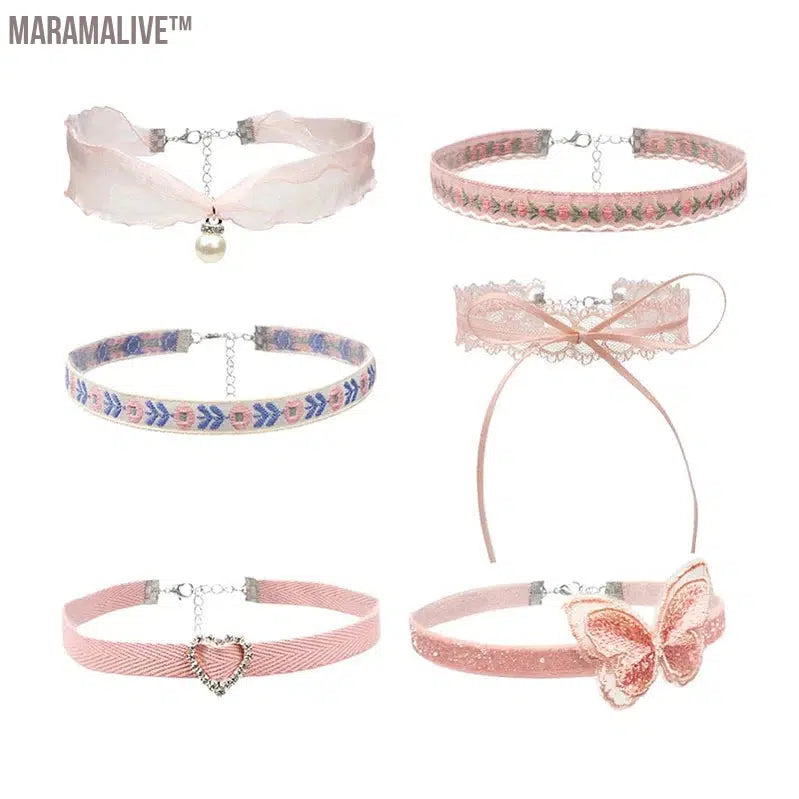 Lovely Girl Choker New Fashion Cute Pink Color Heart Butterfly Lace Bow Necklace for Women Charm Wedding Birthday Jewelry