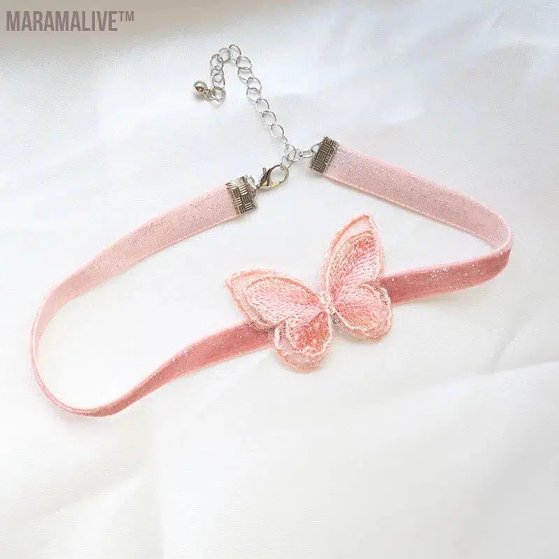 Lovely Girl Choker New Fashion Cute Pink Color Heart Butterfly Lace Bow Necklace for Women Charm Wedding Birthday Jewelry