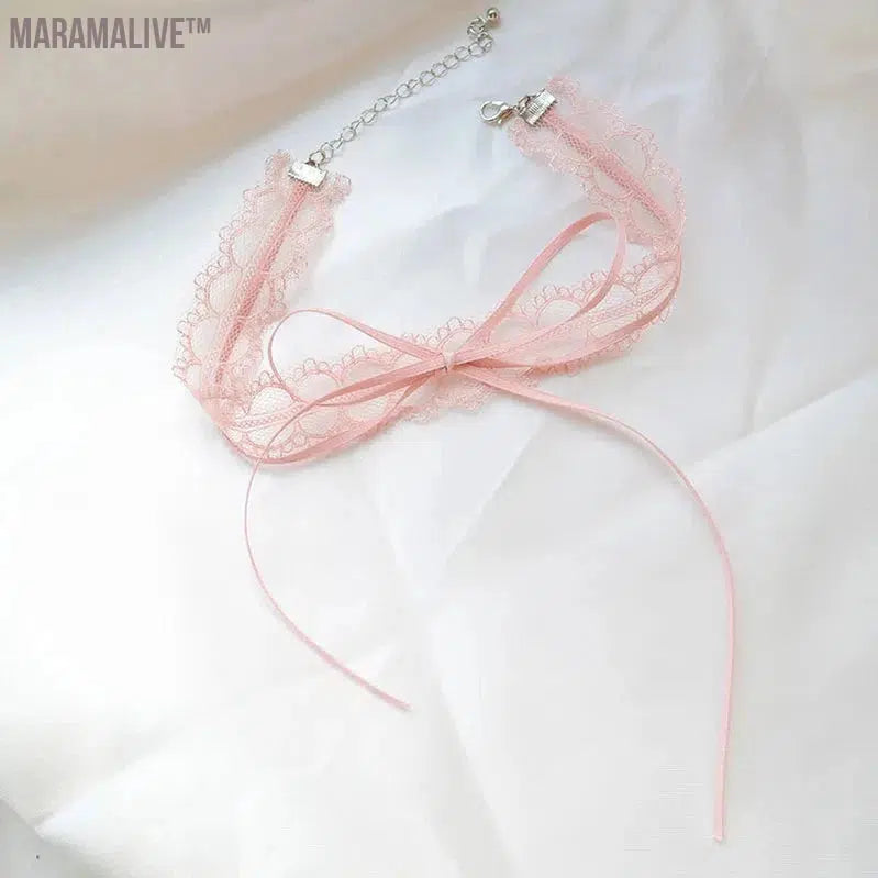 Lovely Girl Choker New Fashion Cute Pink Color Heart Butterfly Lace Bow Necklace for Women Charm Wedding Birthday Jewelry