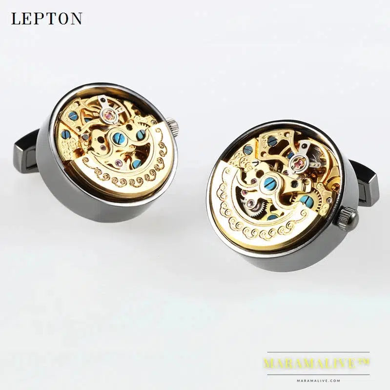 Low-key Luxury Functional Watch Movement Cufflinks Lepton Stainless Steel Steampunk Gear Watch Mechanism Cufflinks for Mens