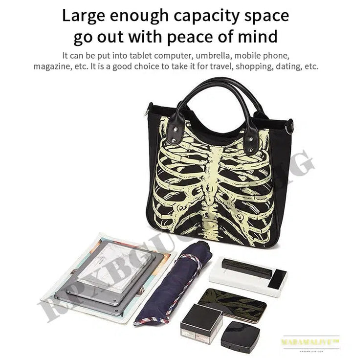 Luminous Gothic Skeleton Tote - Trendy Designer Punk Rock Handbag