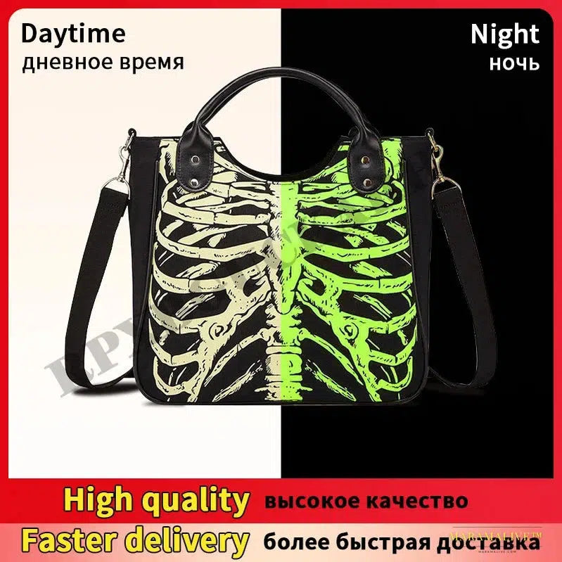 Luminous Gothic Skeleton Tote - Trendy Designer Punk Rock Handbag