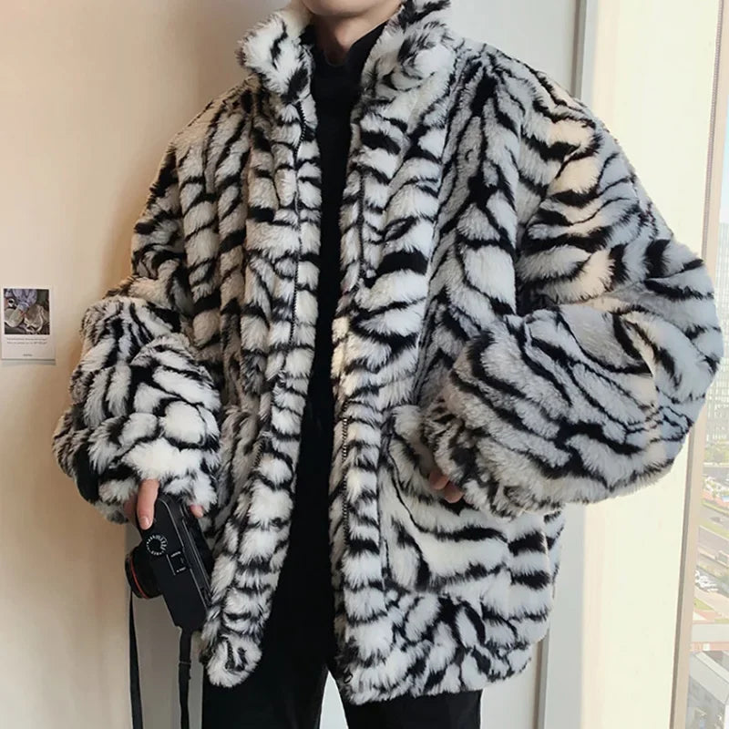 Luxurious Faux Fur Men's Coat with Turn-down Collar in Tiger Leopard Print - Gothic Vintage Clubwear