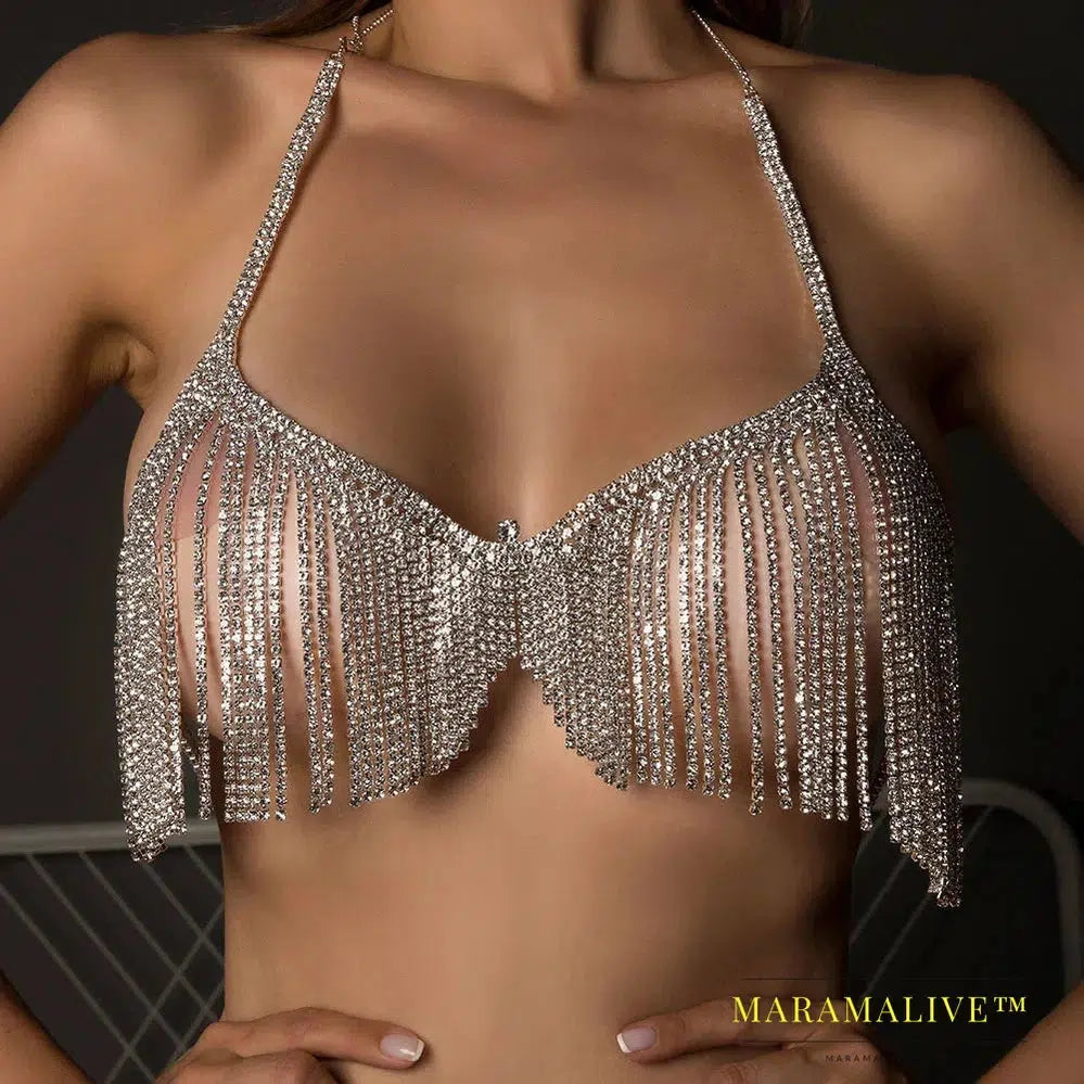 Luxury Bling Bra Necklace Rhinestone Tassel Body Chain for Women Sexy Crystal Body Chain Harness Chest Bikini Jewelry