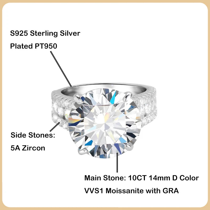 Luxury Designer D Color 10CT 14mm Moissanite Engagement Ring for Women Girl S925 Silver Plated PT950 Diamond Rings Band