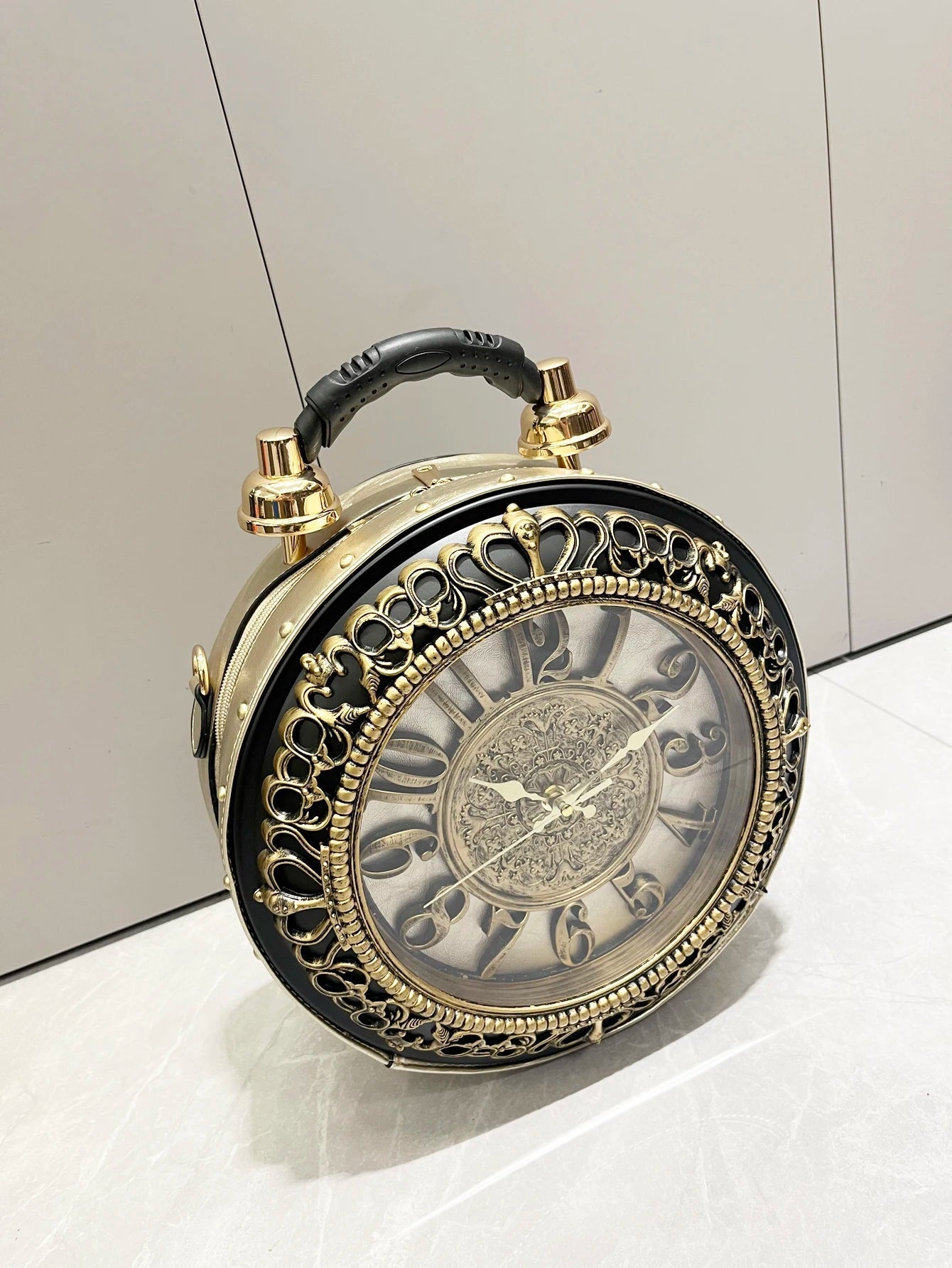 Luxury Designer Gothic-Punk Round Purse & Shoulder Bag – Unusual Clock-shaped Art Piece