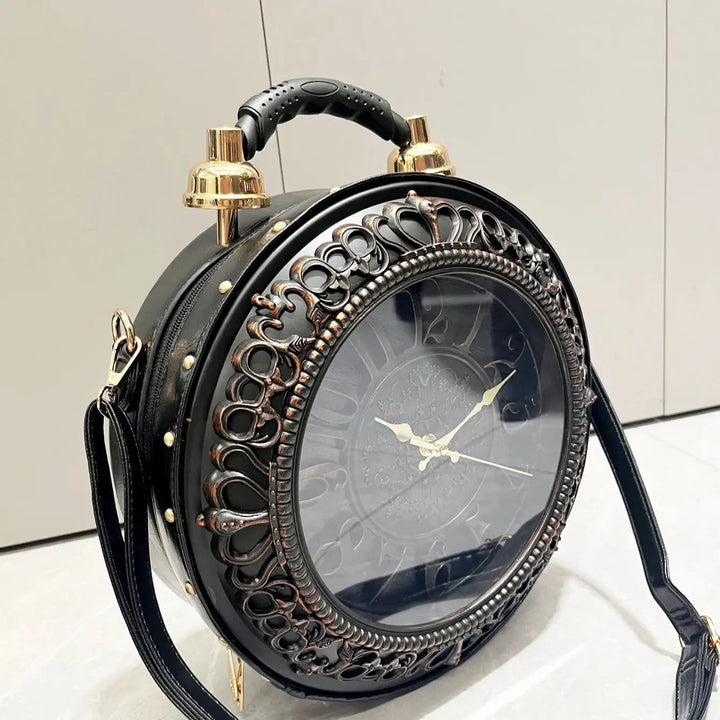 Luxury Designer Gothic-Punk Round Purse & Shoulder Bag – Unusual Clock-shaped Art Piece