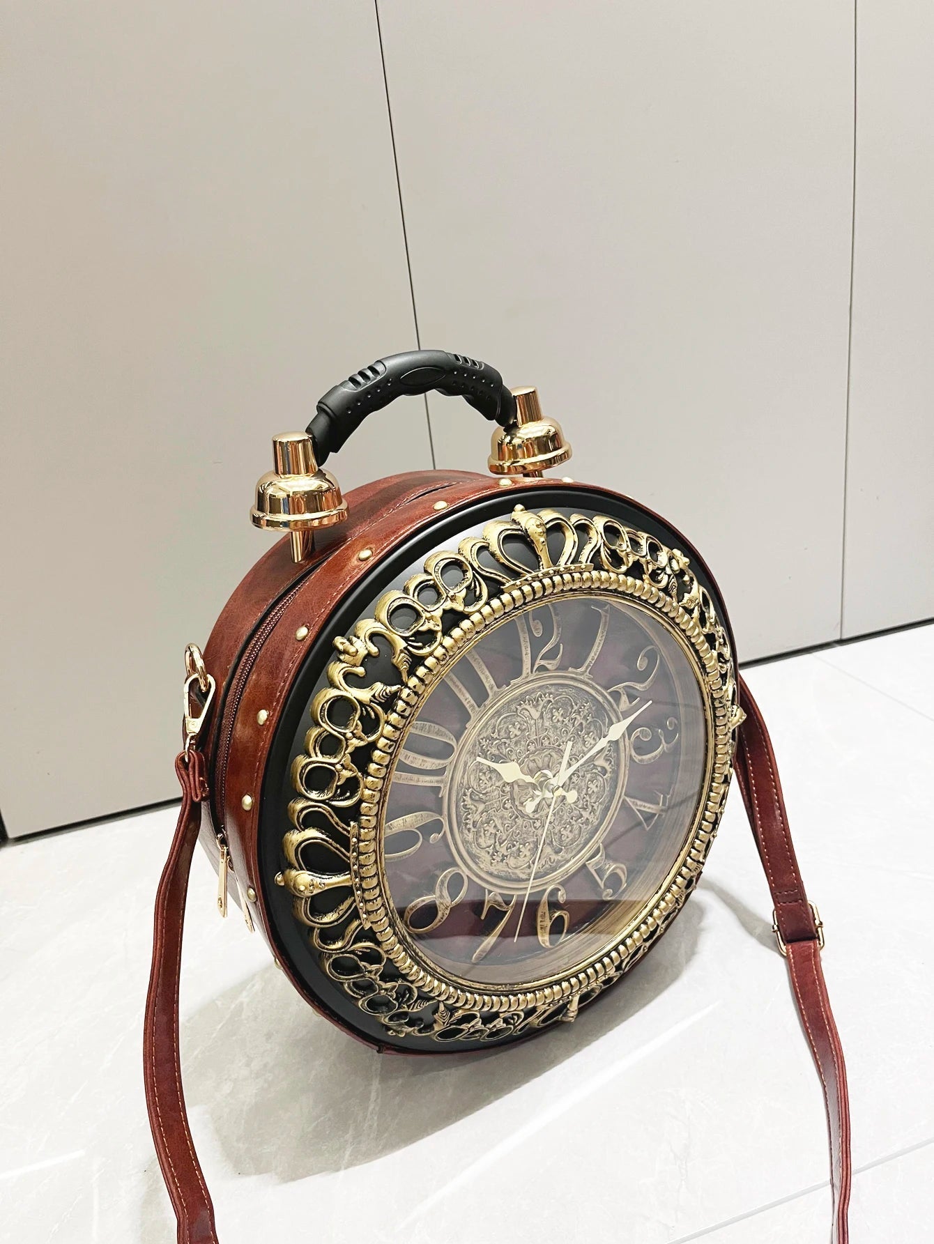 Luxury Designer Gothic-Punk Round Purse & Shoulder Bag – Unusual Clock-shaped Art Piece