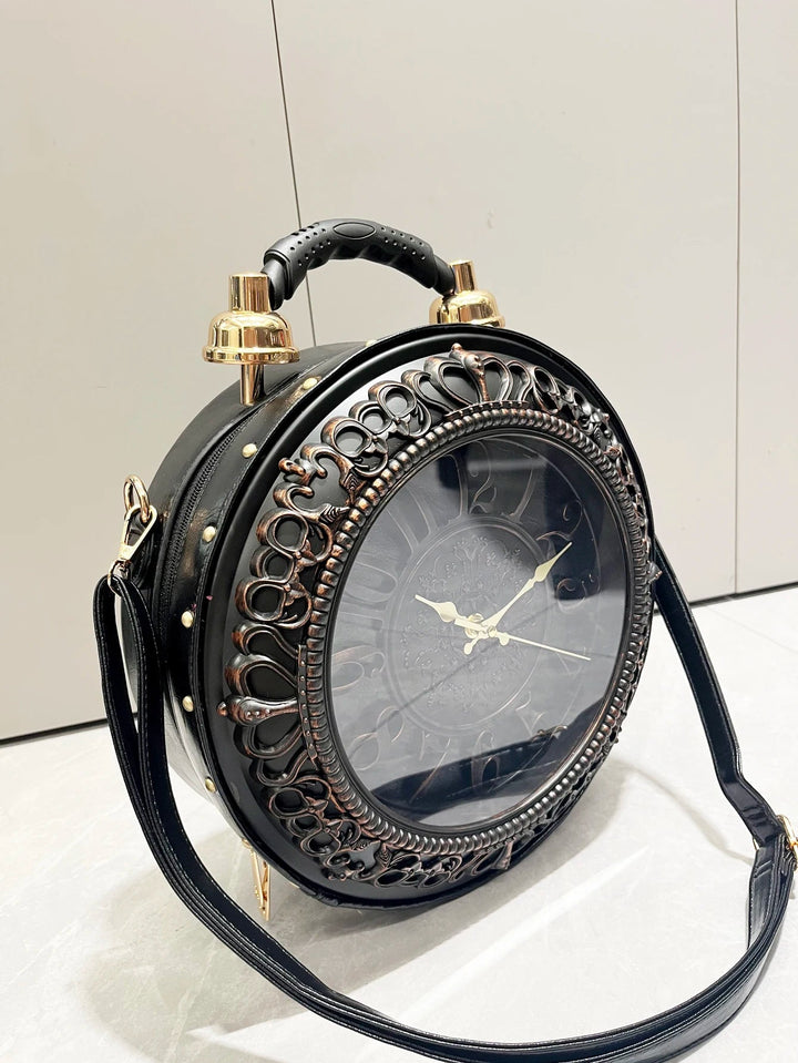 Luxury Designer Gothic-Punk Round Purse & Shoulder Bag – Unusual Clock-shaped Art Piece