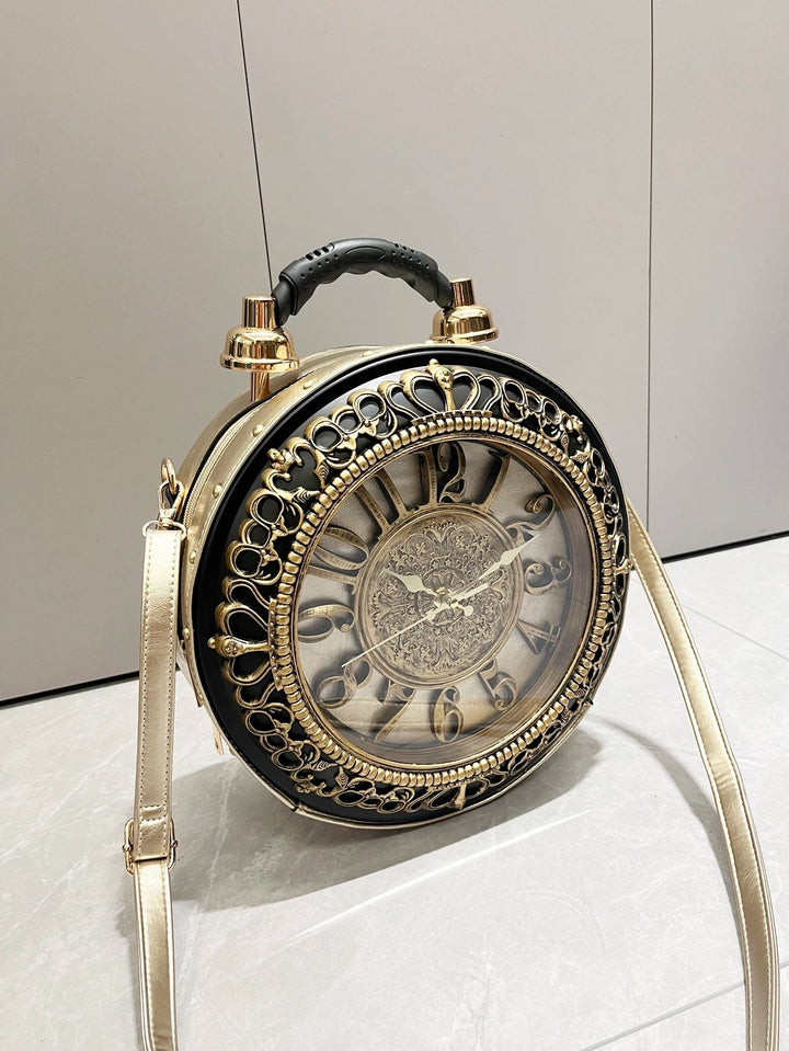 Luxury Designer Gothic-Punk Round Purse & Shoulder Bag – Unusual Clock-shaped Art Piece