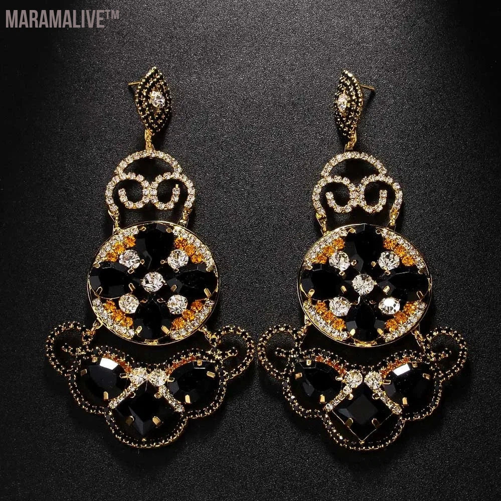 Luxury Designer Oversize Exaggerated Black Dangle Earrings Jewelry Bridal Accessories Large Crystal Elegant Earrings