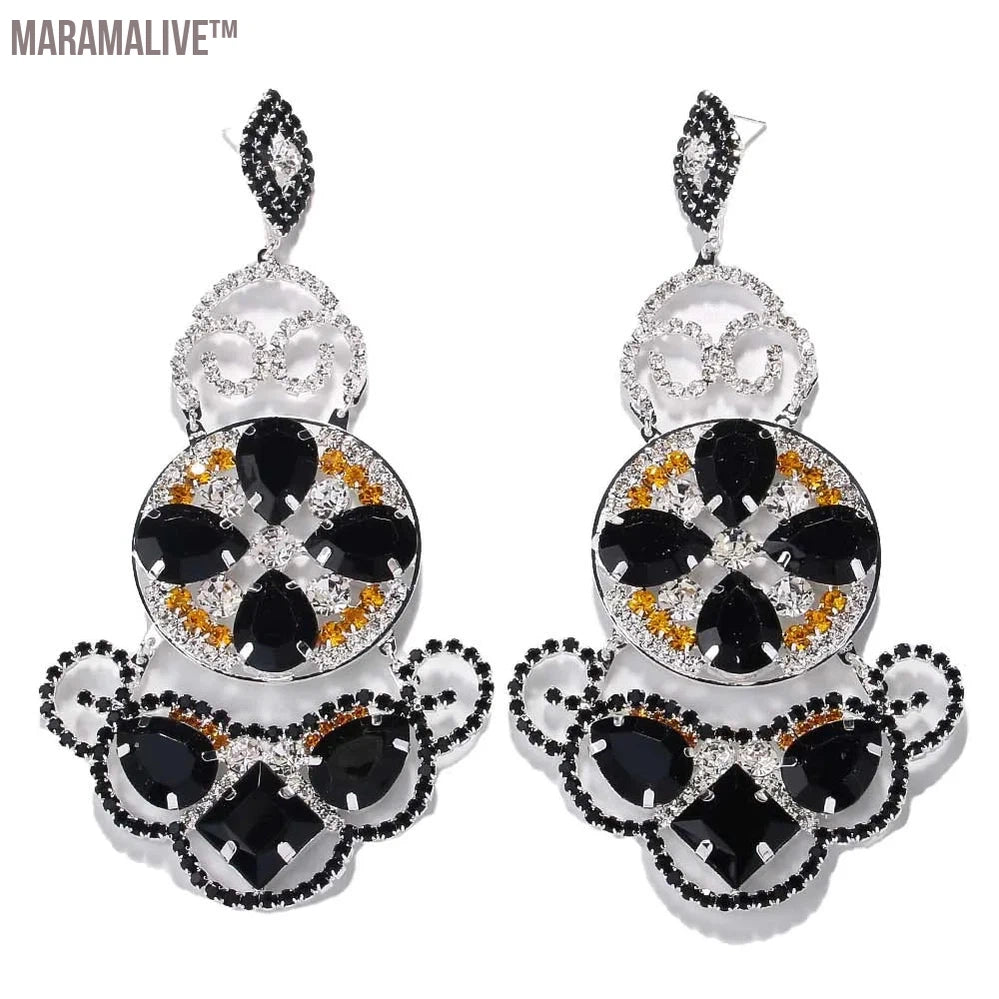 Luxury Designer Oversize Exaggerated Black Dangle Earrings Jewelry Bridal Accessories Large Crystal Elegant Earrings