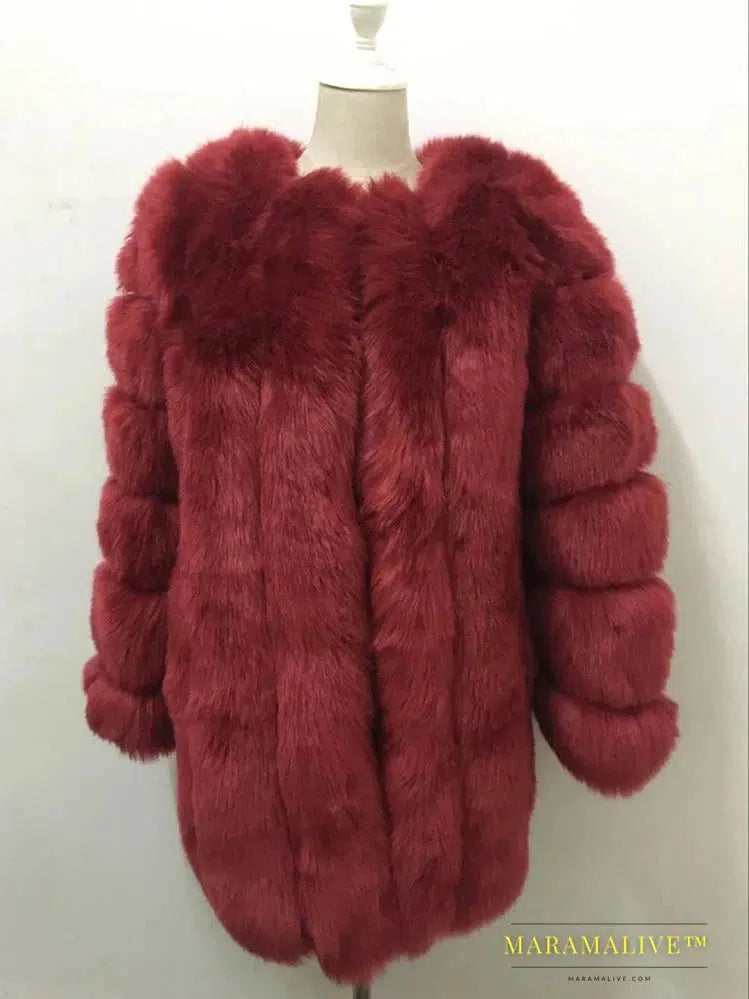 Luxury Faux Fox Fur Coat Slim Long Pink Red Blue Faux Fur Jacket Women Fake Fur Coats