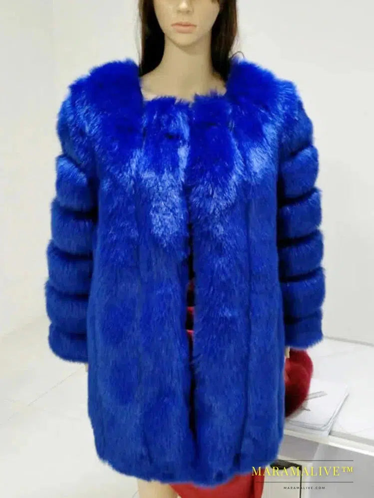 Luxury Faux Fox Fur Coat Slim Long Pink Red Blue Faux Fur Jacket Women Fake Fur Coats