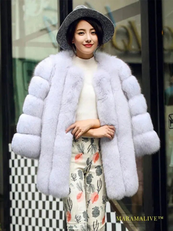 Luxury Faux Fox Fur Coat Slim Long Pink Red Blue Faux Fur Jacket Women Fake Fur Coats