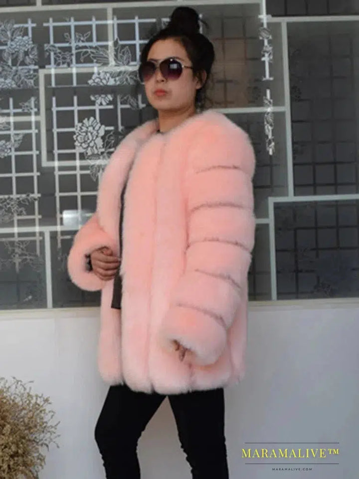 Luxury Faux Fox Fur Coat Slim Long Pink Red Blue Faux Fur Jacket Women Fake Fur Coats