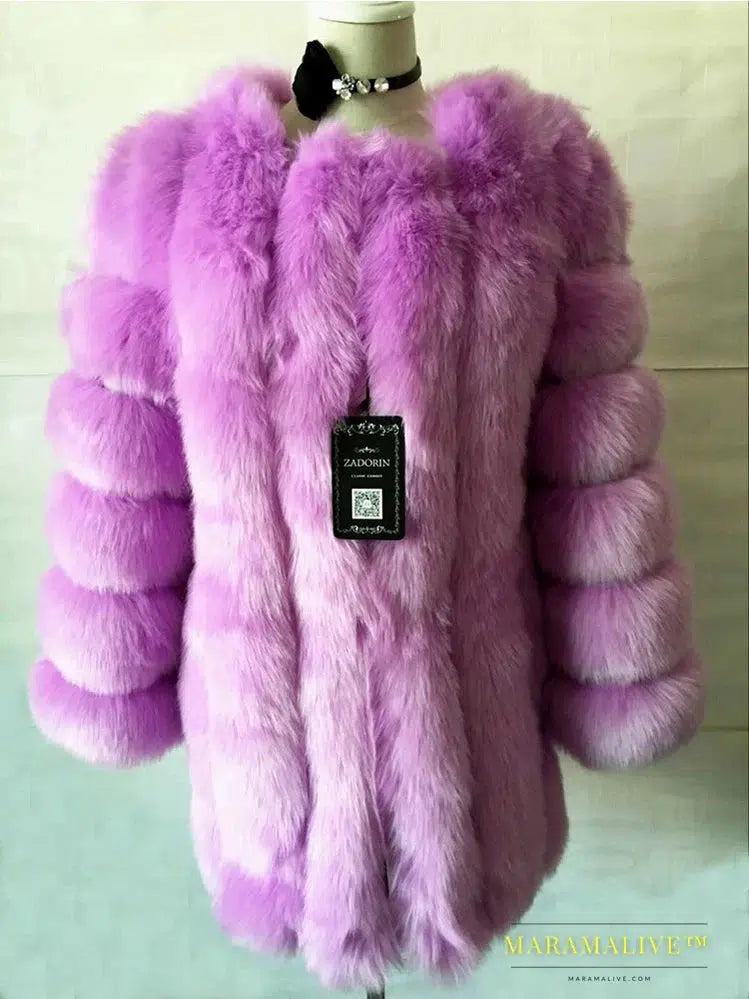 Luxury Faux Fox Fur Coat Slim Long Pink Red Blue Faux Fur Jacket Women Fake Fur Coats Manteau Fourrure