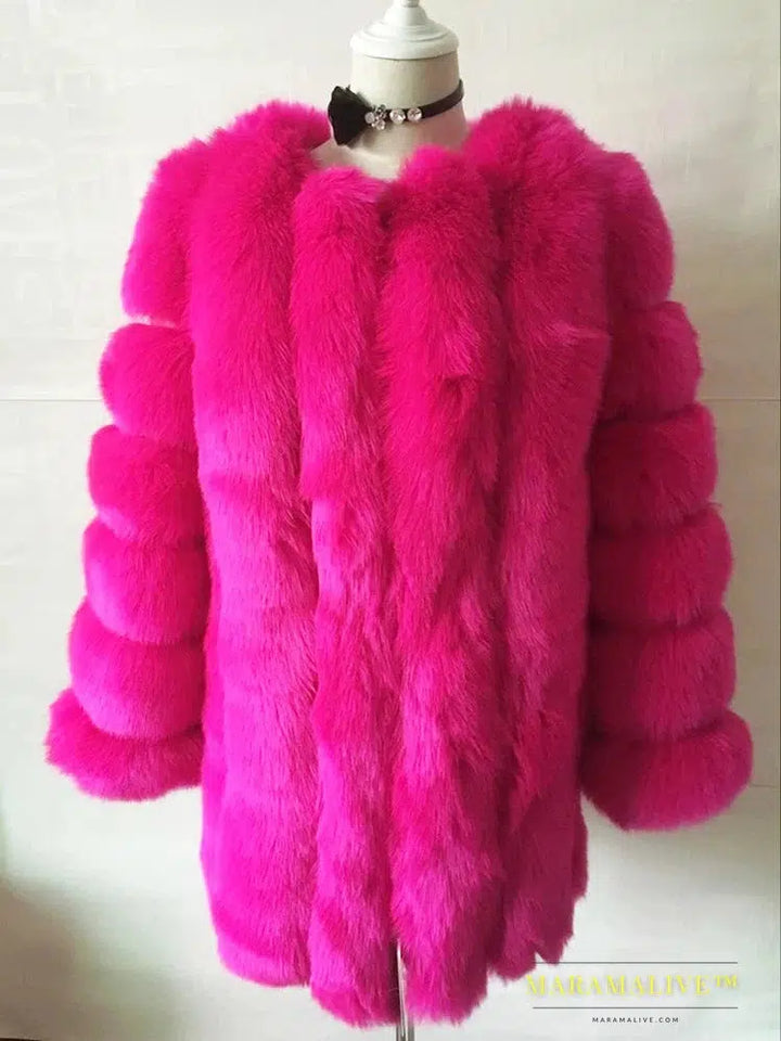 Luxury Faux Fox Fur Coat Slim Long Pink Red Blue Faux Fur Jacket Women Fake Fur Coats Manteau Fourrure