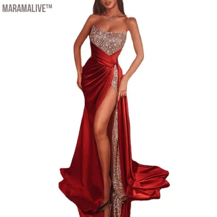 Luxury Floor Length Dresses For Women Wedding Party Clothes Split Strapless Sequins Long Evening Gowns Female Gold ecoparty