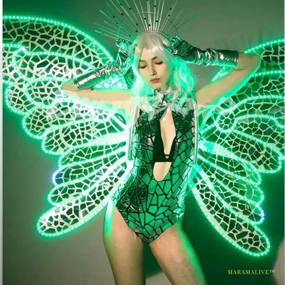 Luxury Gothic Butterfly Wings Costume with LED Mirror Suit - Vibrant Ladies Gogo Dance Outfit for DS DJ Performance & Club Party Cosplay