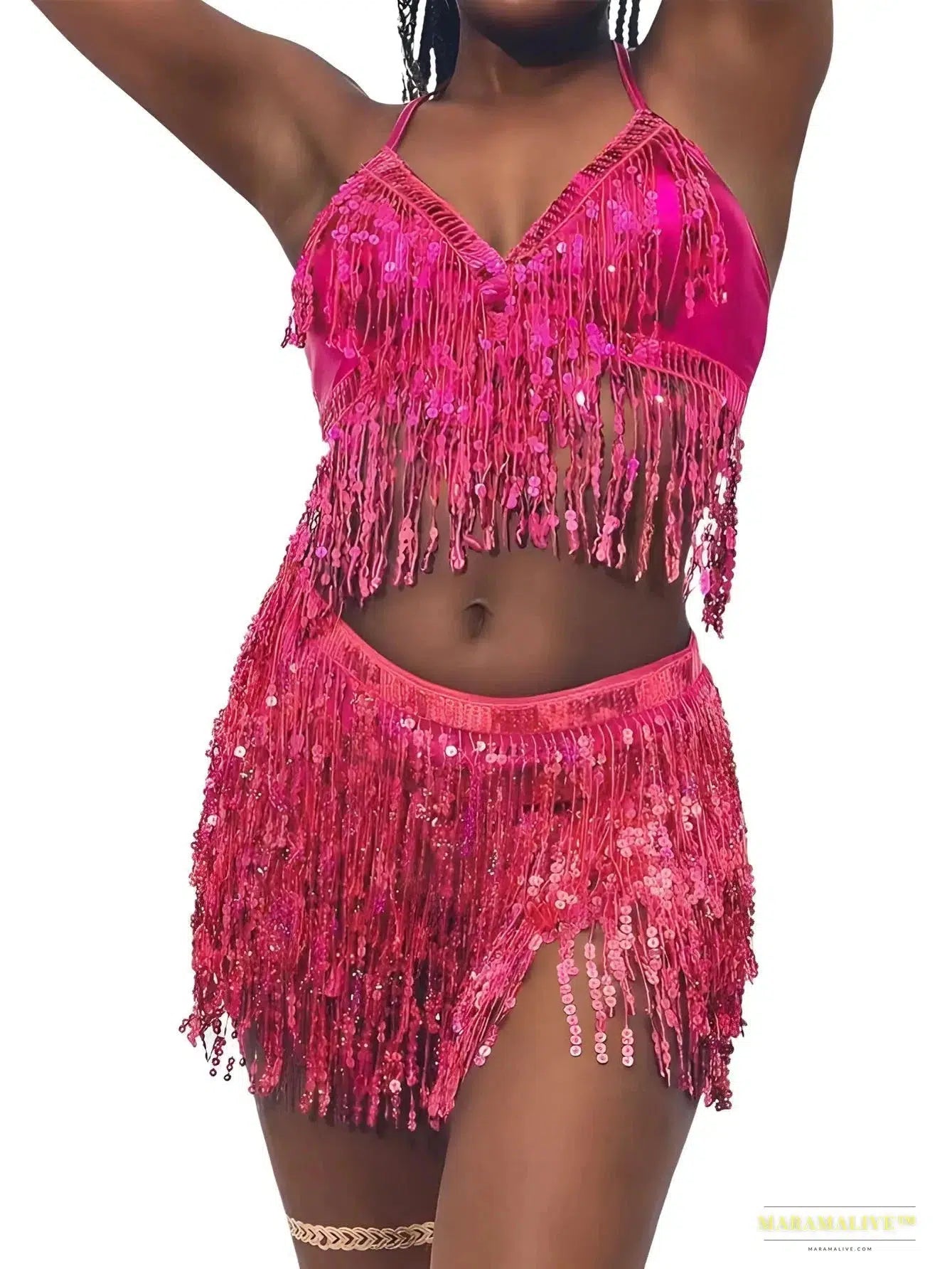 Luxury Gothic fashion Vibrant Sequin Belly Dance Costume Set - Stunning 4 Layer Tassel Halter Top, Skirt, and Belt