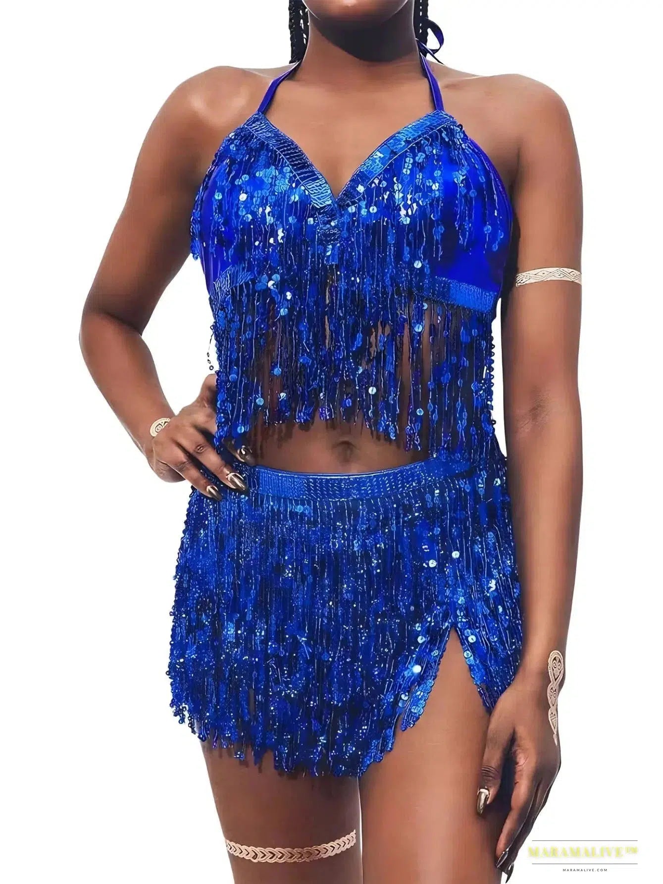 Luxury Gothic fashion Vibrant Sequin Belly Dance Costume Set - Stunning 4 Layer Tassel Halter Top, Skirt, and Belt